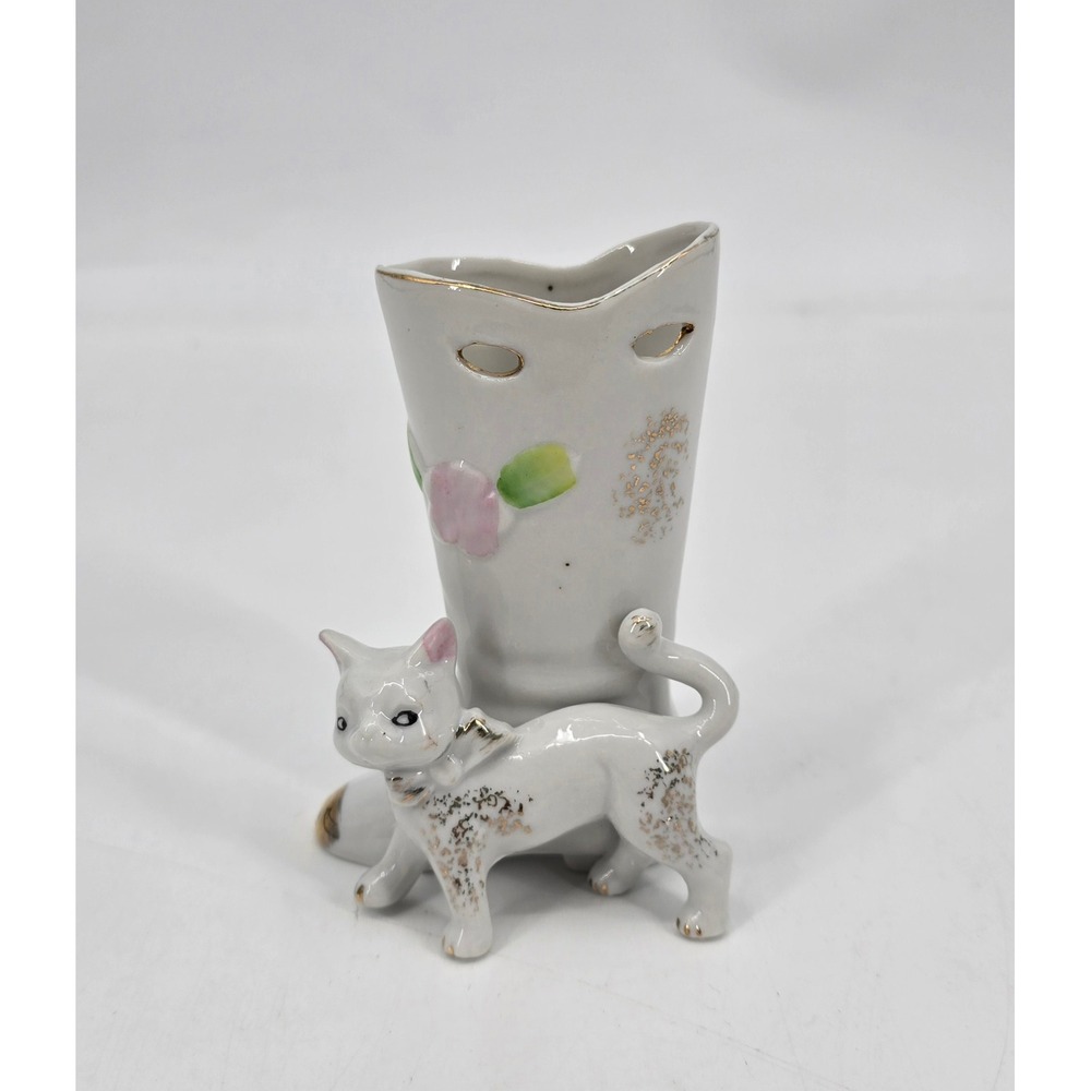 Vintage Porcelain Cat Boot Bud Vase Hand Painted Floral Gold Trim Figurine